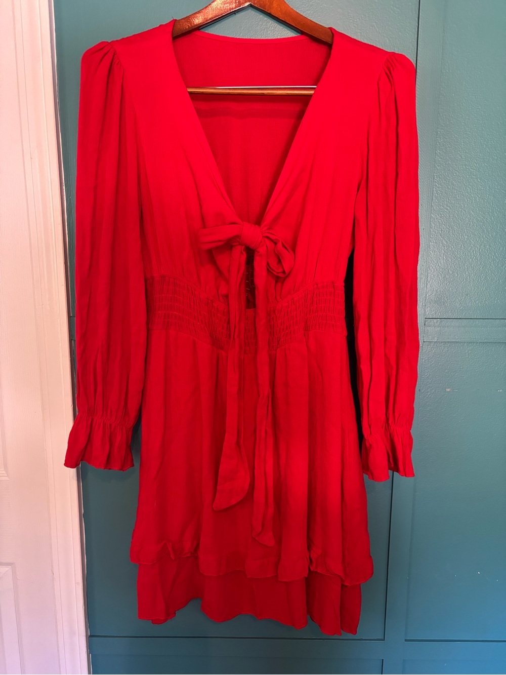 Unbranded Red Long Sleeve Tie Front Dress W/ Layered Skirt & Plunge Neck Size XL